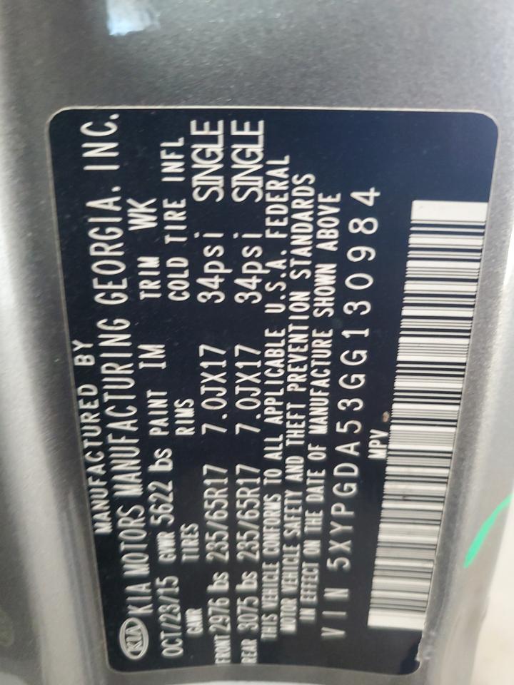 2016 Kia Sorento Lx VIN: 5XYPGDA53GG130984 Lot: 85852225