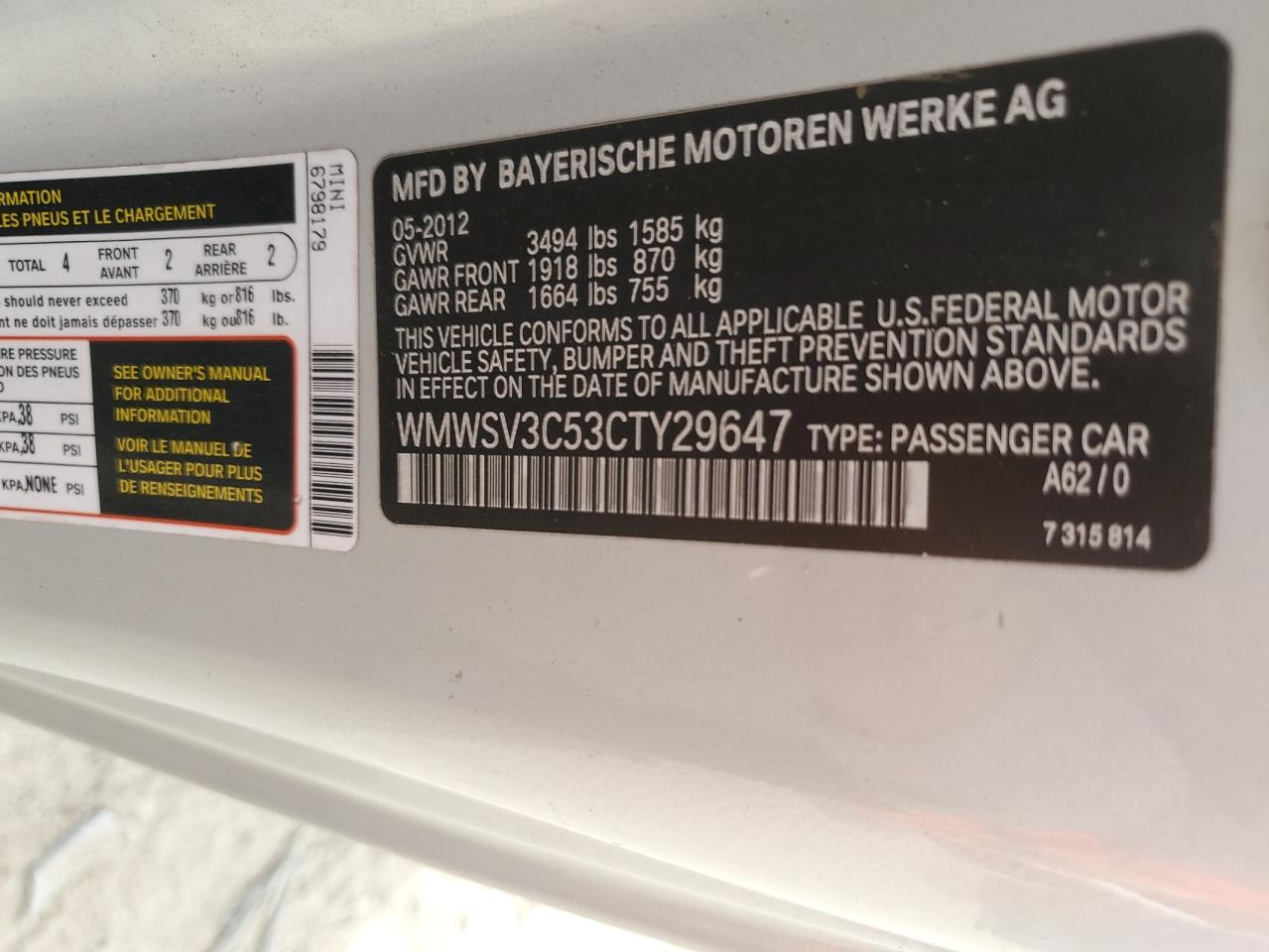 2012 Mini Cooper S VIN: WMWSV3C53CTY29647 Lot: 86154915