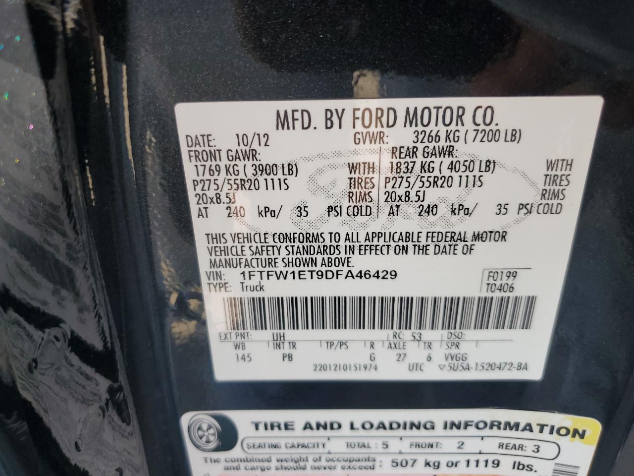 2013 Ford F150 Supercrew VIN: 1FTFW1ET9DFA46429 Lot: 85778215