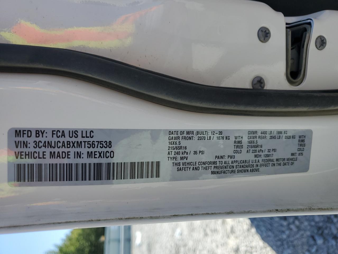 2021 Jeep Compass Sport VIN: 3C4NJCABXMT567538 Lot: 85272245