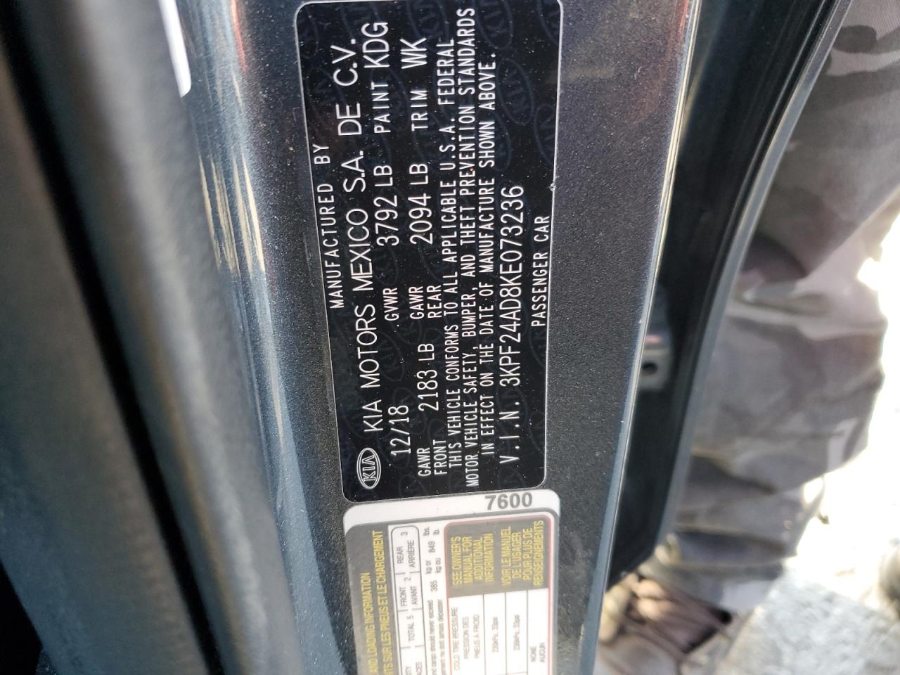 2019 Kia Forte Fe VIN: 3KPF24AD8KE073236 Lot: 86169425