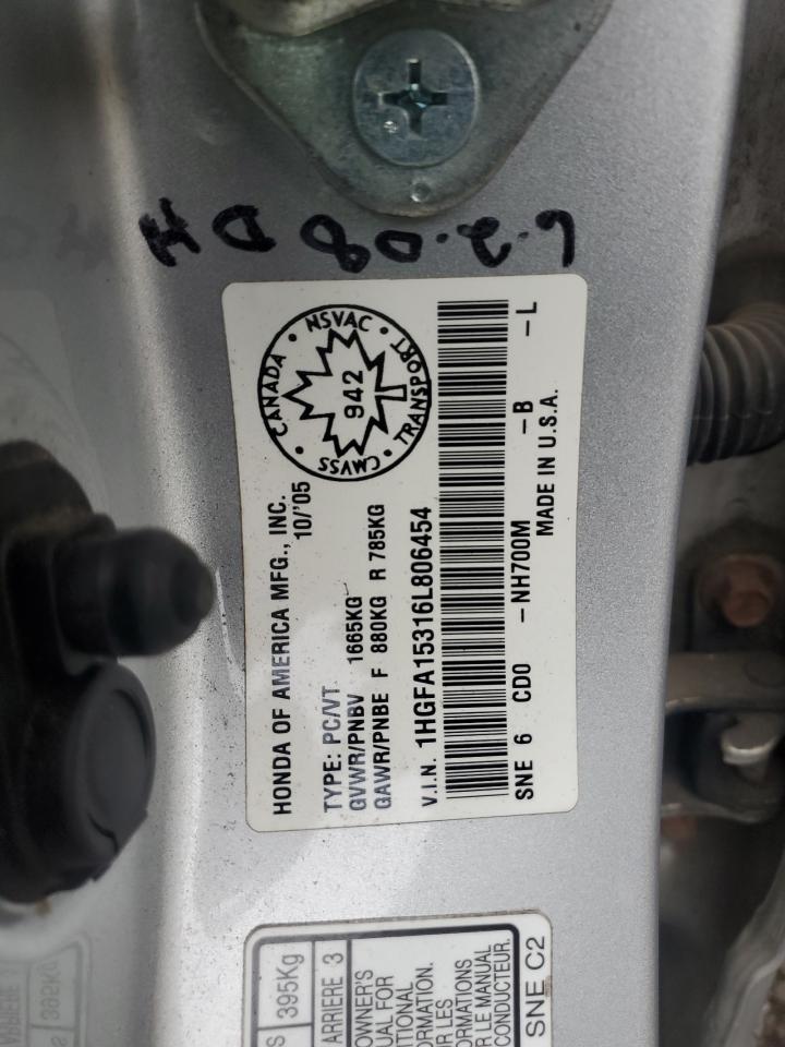 2006 Honda Civic Dx VIN: 1HGFA15316L806454 Lot: 80322995