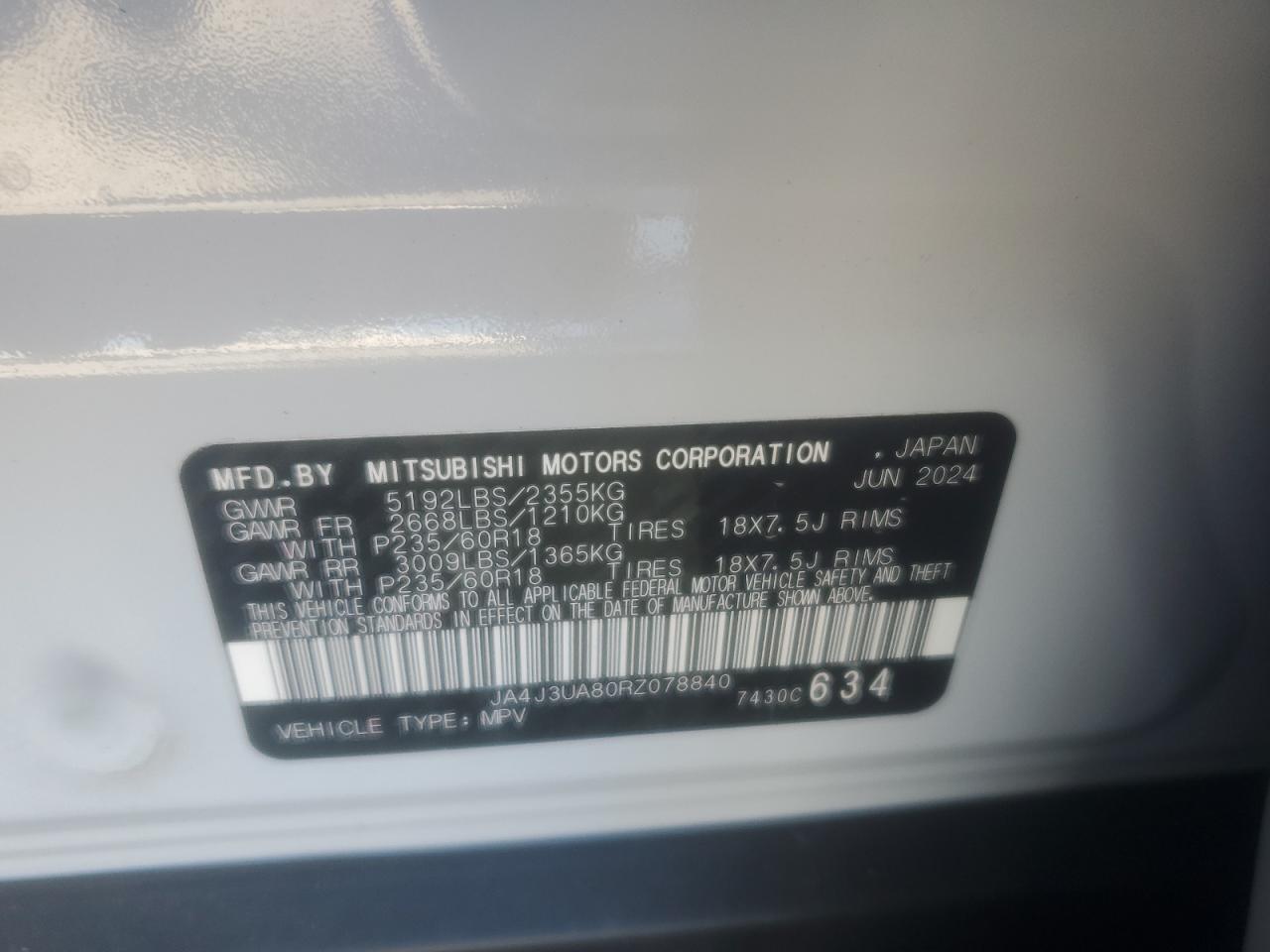 2024 Mitsubishi Outlander Es VIN: JA4J3UA80RZ078840 Lot: 82606325