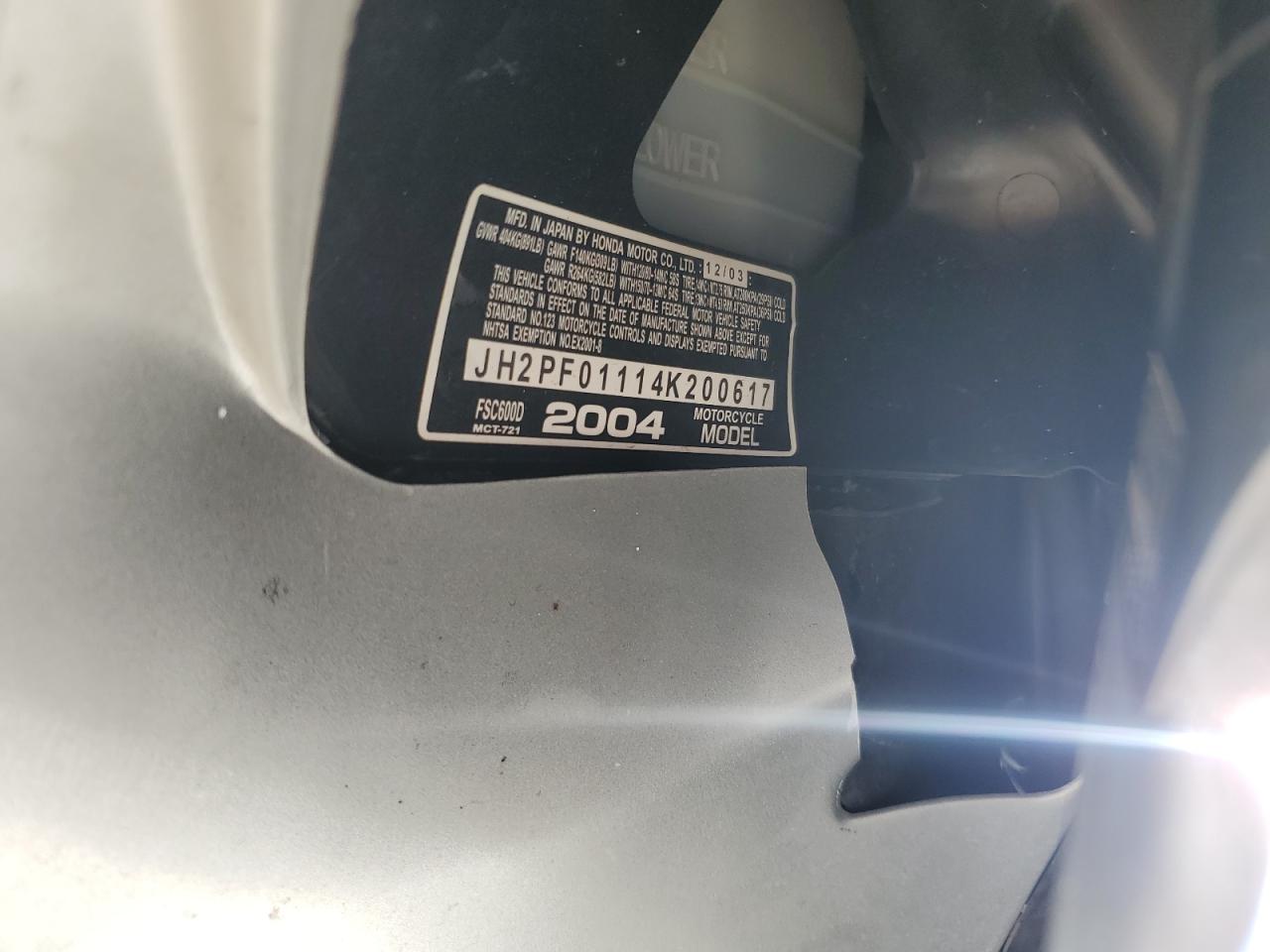 2004 Honda Fsc600 D VIN: JH2PF01114K200617 Lot: 84723165