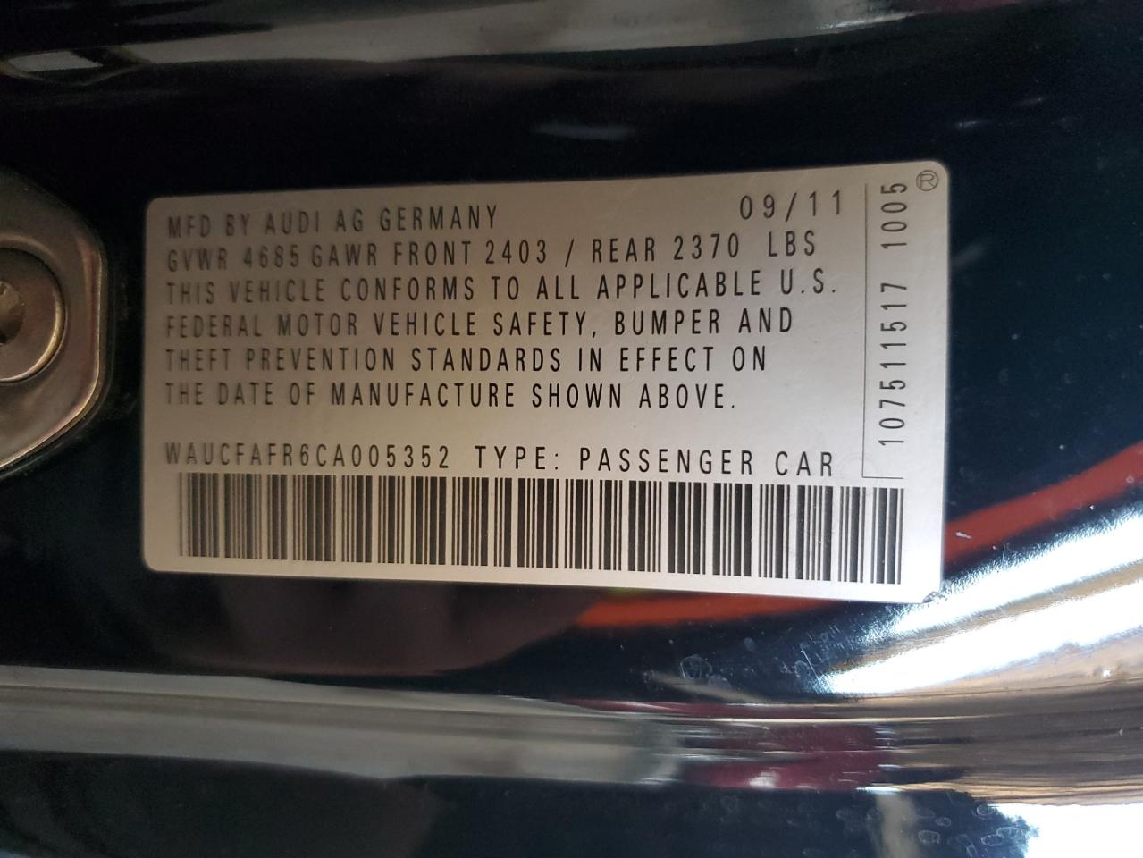 2012 Audi A5 Premium VIN: WAUCFAFR6CA005352 Lot: 82503075
