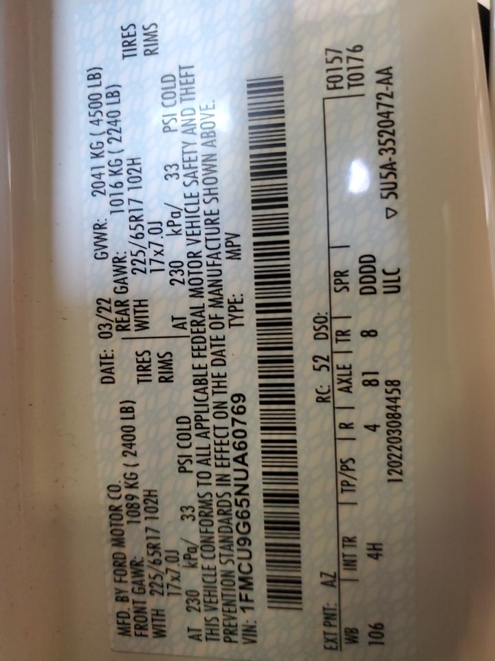 2022 Ford Escape Se VIN: 1FMCU9G65NUA60769 Lot: 87299955
