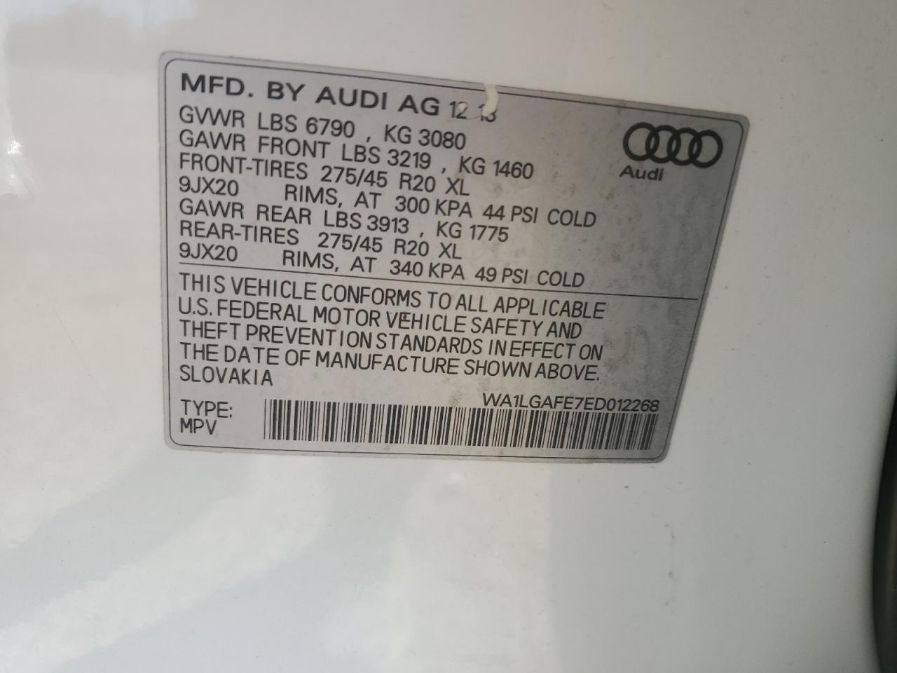 2014 Audi Q7 Premium Plus VIN: WA1LGAFE7ED012268 Lot: 85951915