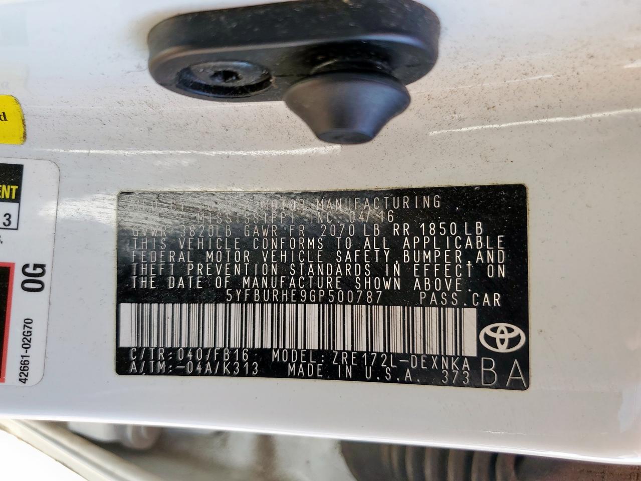 2016 Toyota Corolla L VIN: 5YFBURHE9GP500787 Lot: 86662415