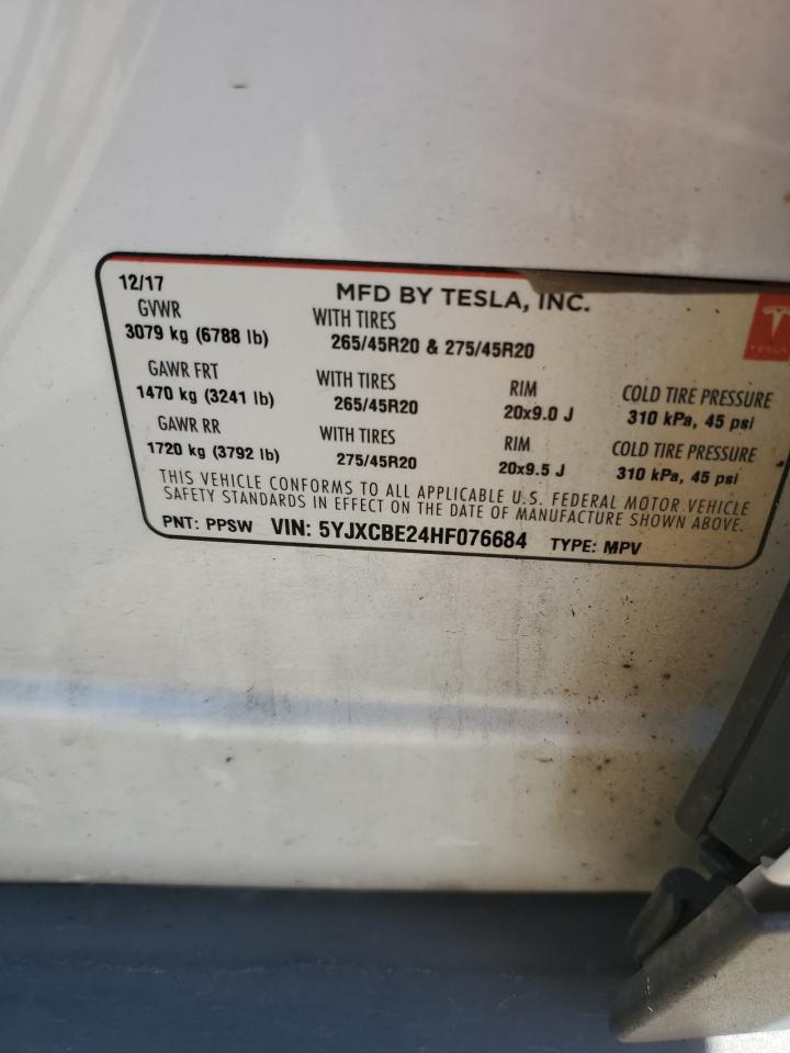 2017 Tesla Model X VIN: 5YJXCBE24HF076684 Lot: 85072435