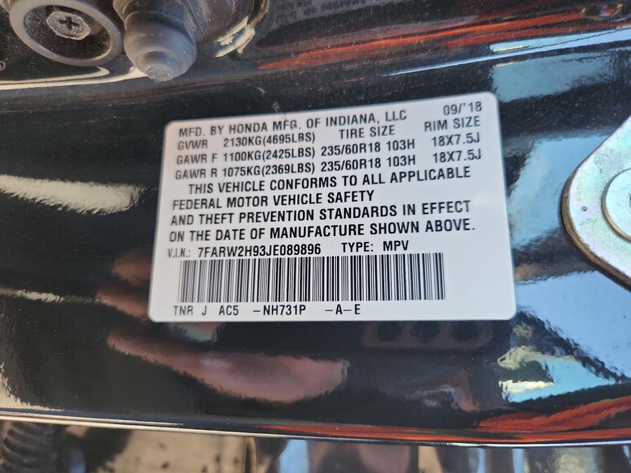 2018 Honda Cr-V Touring VIN: 7FARW2H93JE089896 Lot: 86536355