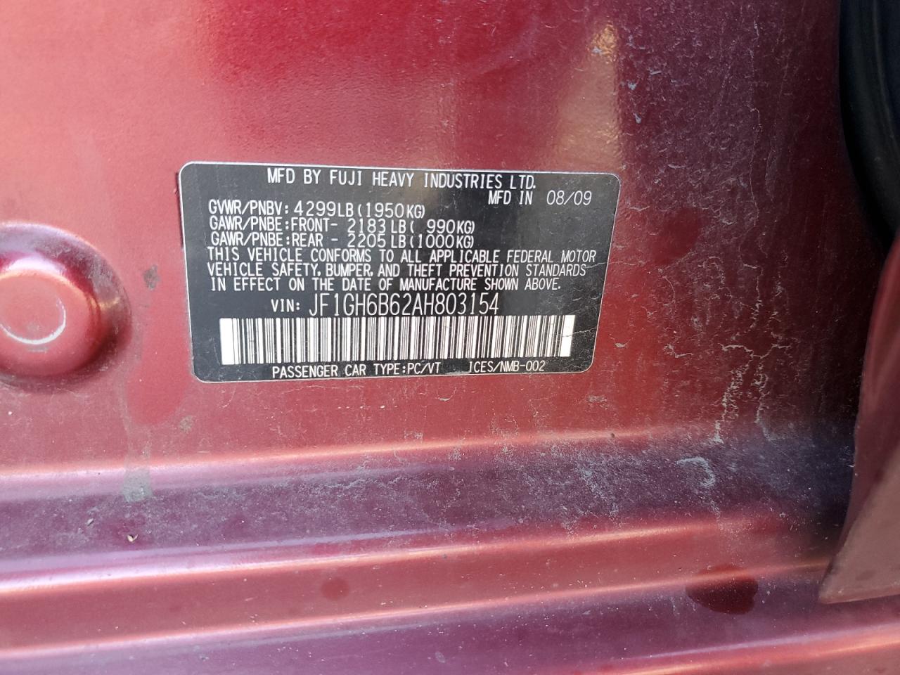 2010 Subaru Impreza 2.5I Premium VIN: JF1GH6B62AH803154 Lot: 85887975