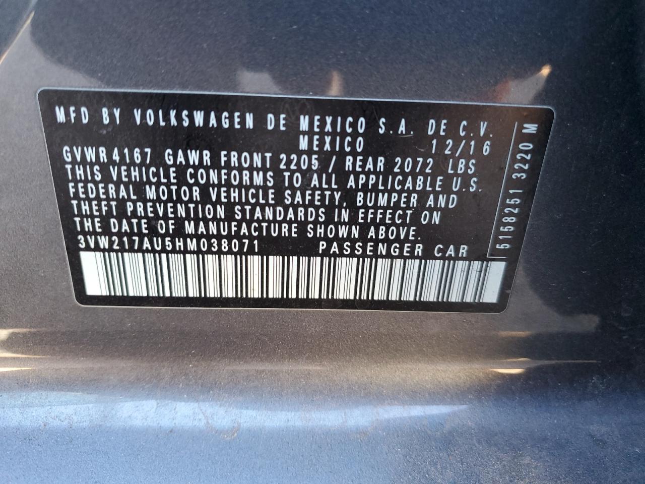 2017 Volkswagen Golf S VIN: 3VW217AU5HM038071 Lot: 90711525