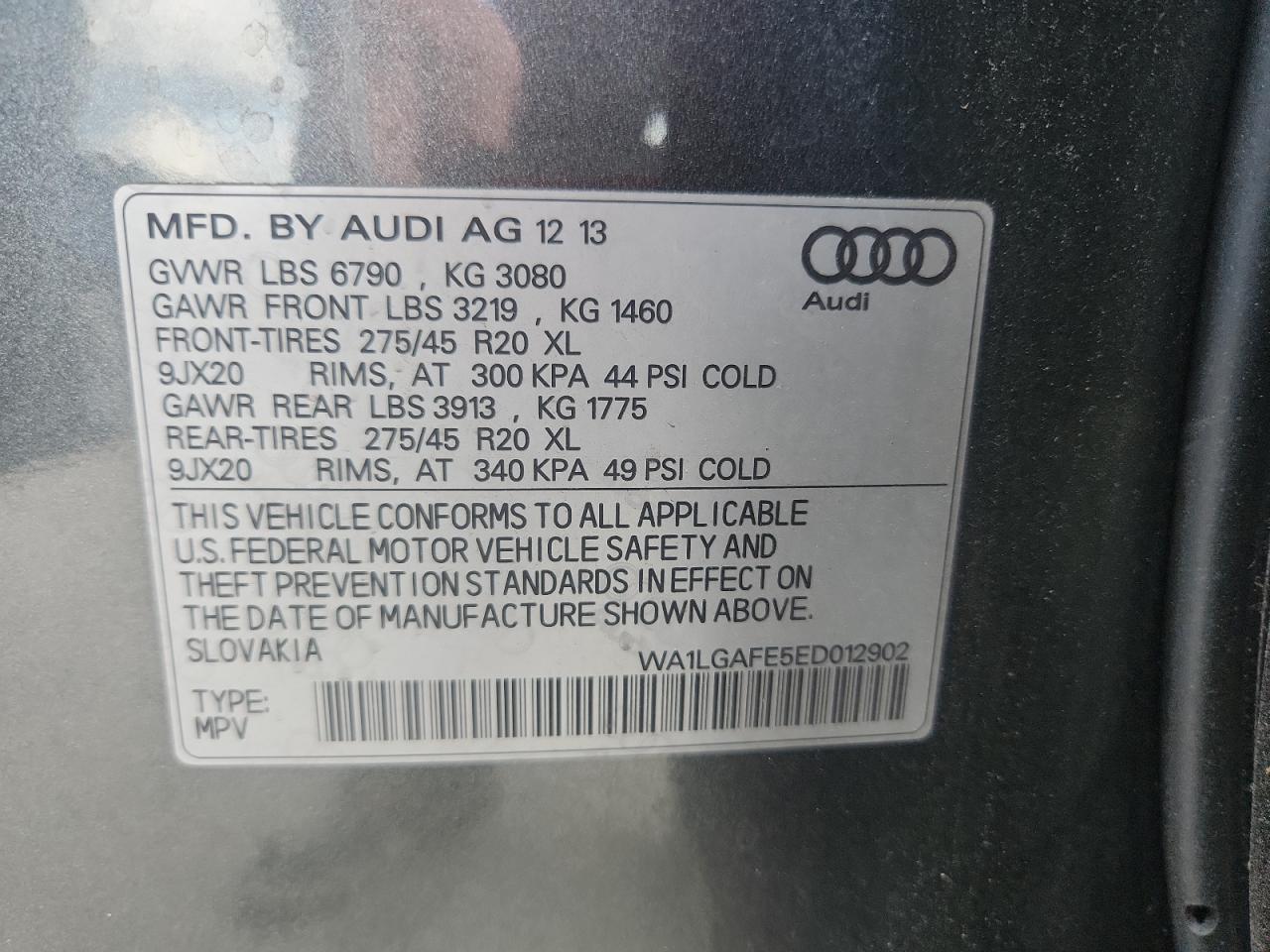 2014 Audi Q7 Premium Plus VIN: WA1LGAFE5ED012902 Lot: 82291705