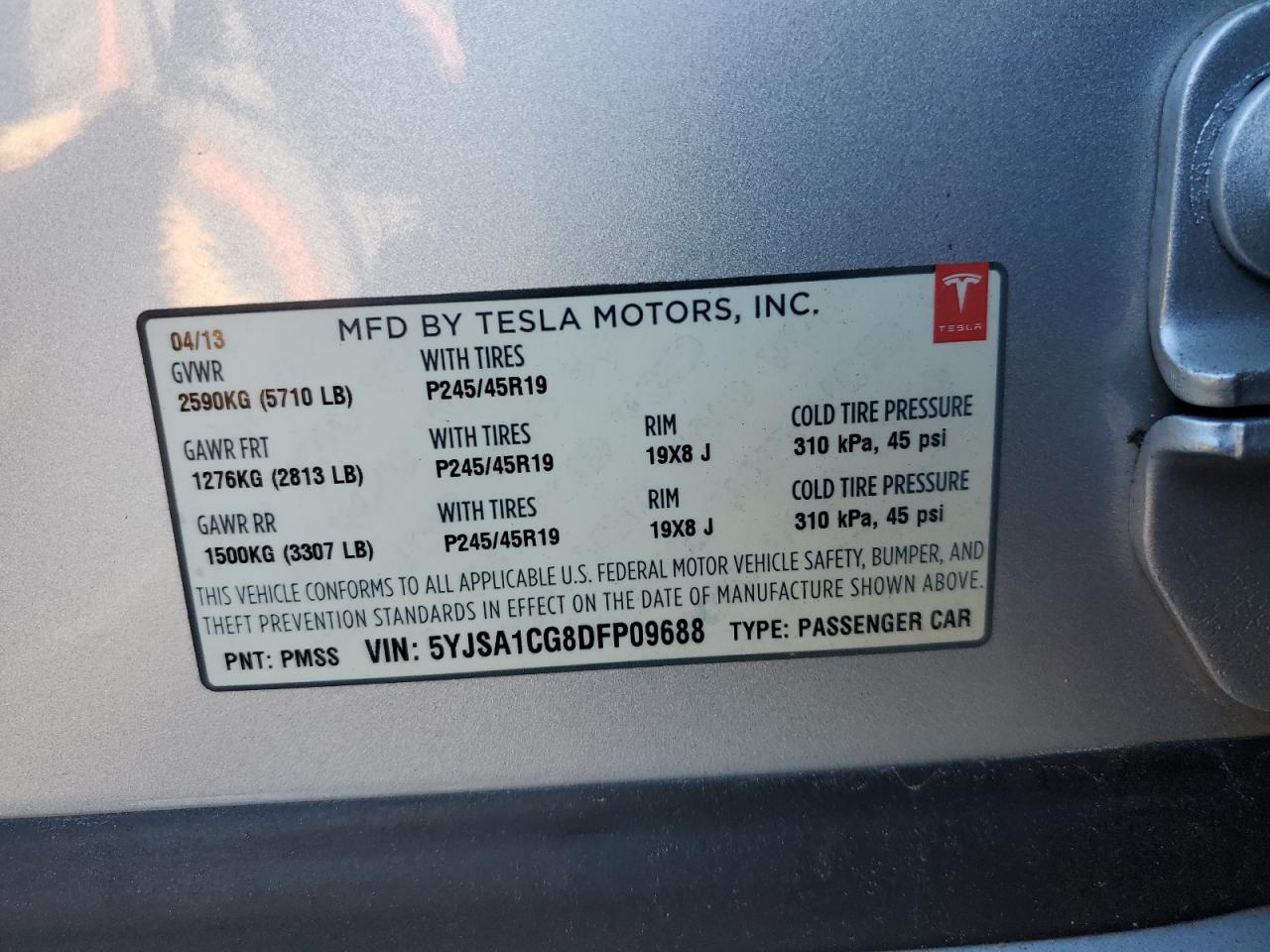 2013 Tesla Model S VIN: 5YJSA1CG8DFP09688 Lot: 89616545