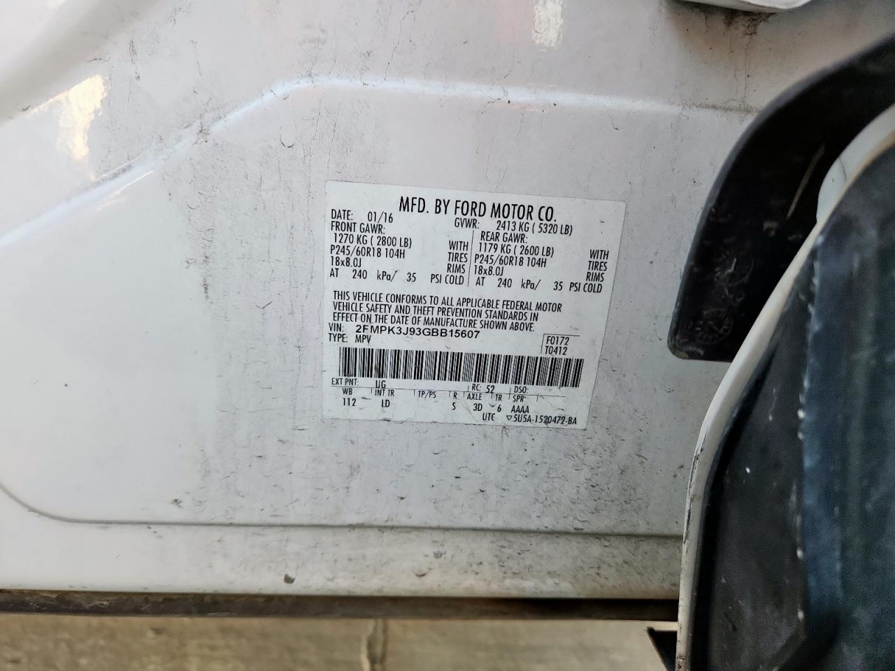 2016 Ford Edge Sel VIN: 2FMPK3J93GBB15607 Lot: 84806655