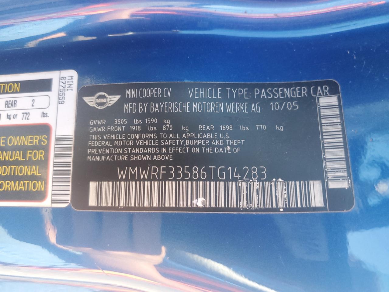2006 Mini Cooper VIN: WMWRF33586TG14283 Lot: 84634505