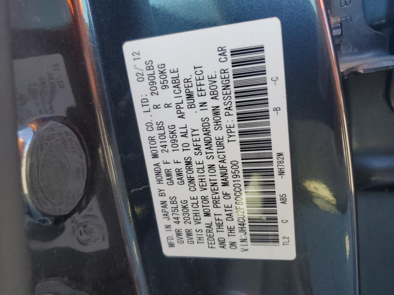 2012 Acura Tsx Tech VIN: JH4CU2F60CC019500 Lot: 85945365