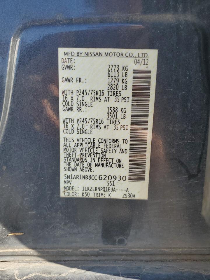 2012 Nissan Pathfinder S VIN: 5N1AR1NB8CC620930 Lot: 82373655