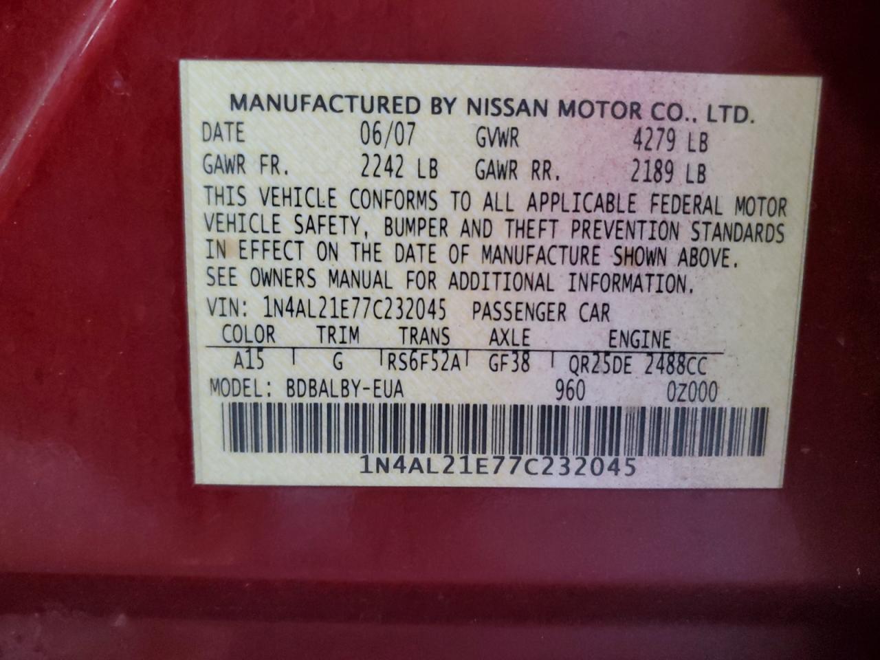 2007 Nissan Altima 2.5 VIN: 1N4AL21E77C232045 Lot: 85571305