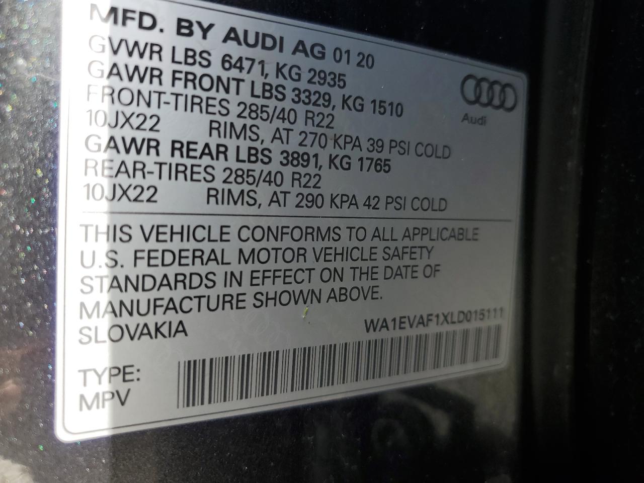 2020 Audi Q8 Premium Plus S-Line VIN: WA1EVAF1XLD015111 Lot: 84303965