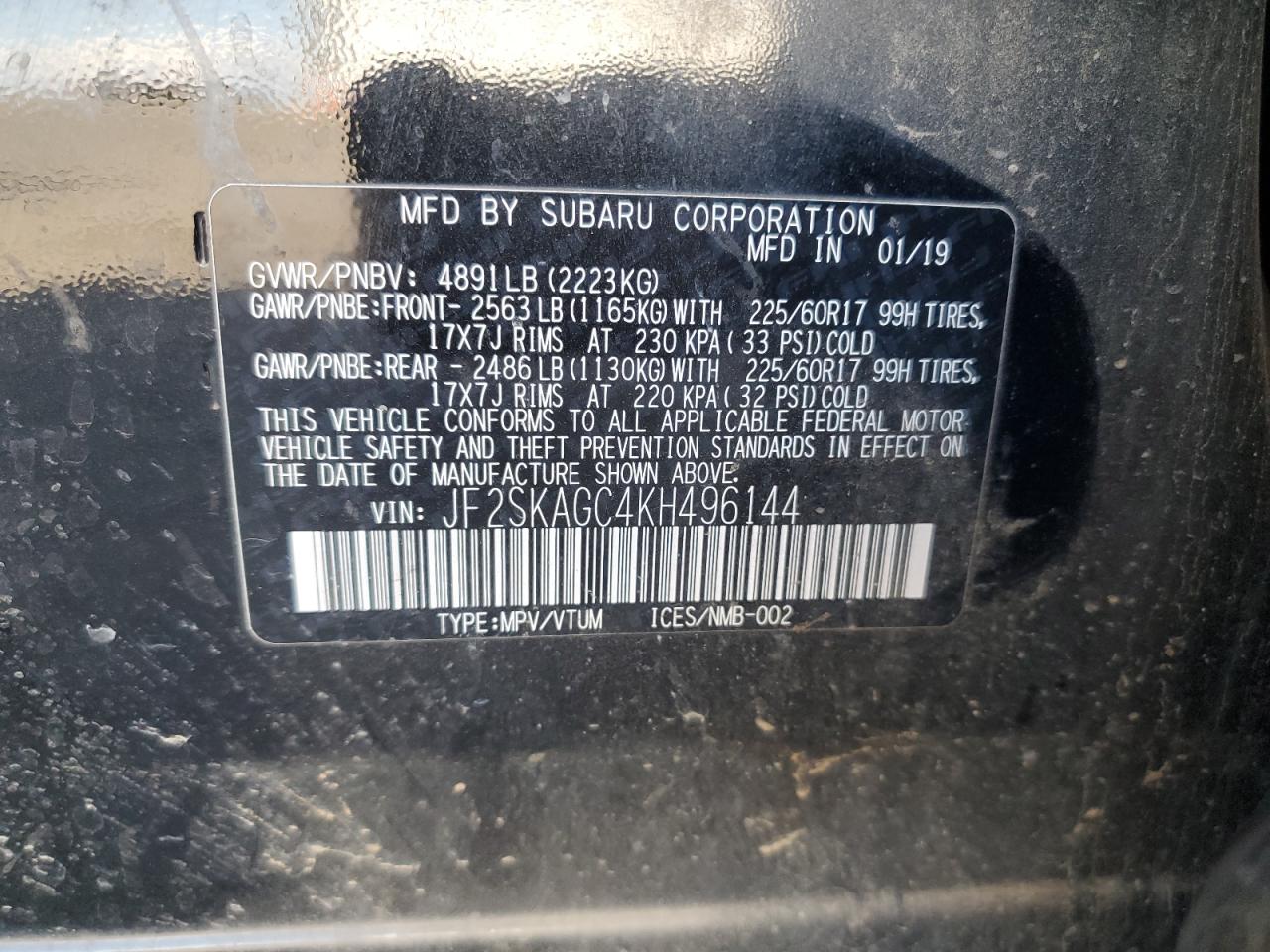 2019 Subaru Forester Premium VIN: JF2SKAGC4KH496144 Lot: 84975165