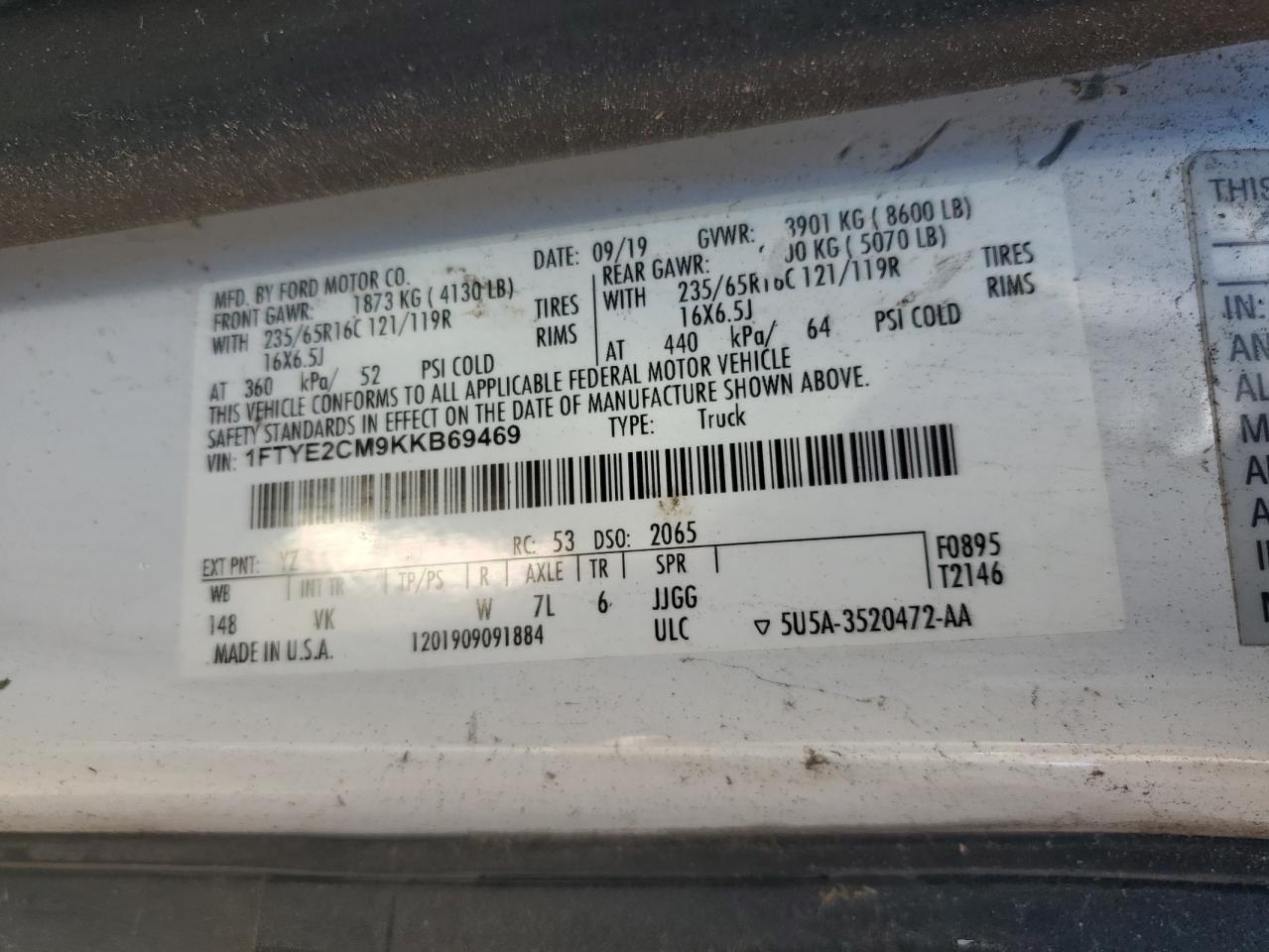 2019 Ford Transit T-150 VIN: 1FTYE2CM9KKB69469 Lot: 89894755