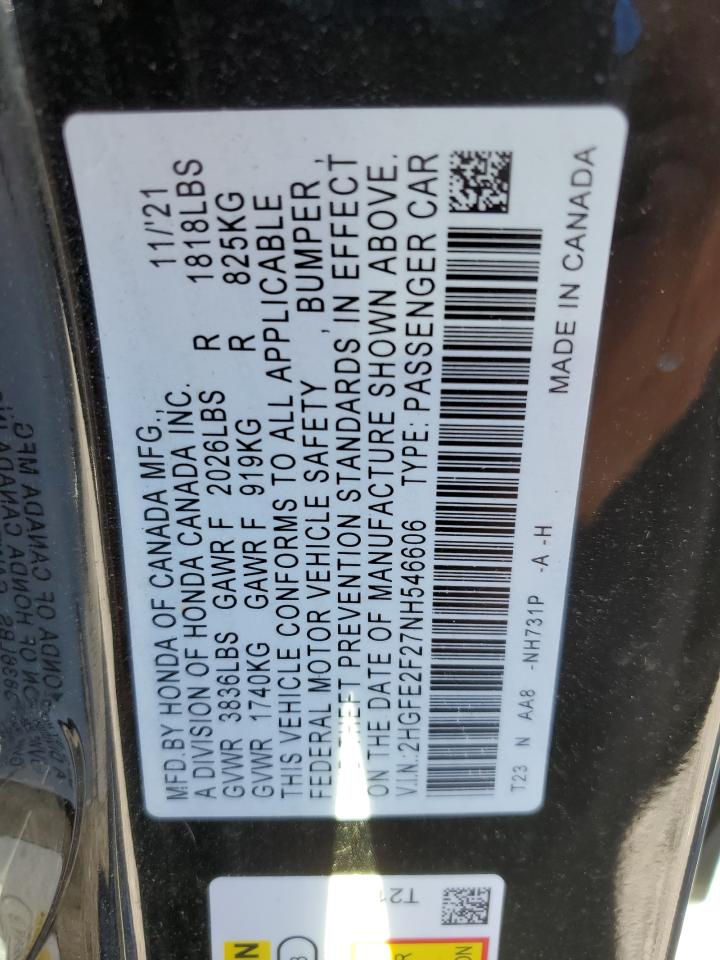 2022 Honda Civic Lx VIN: 2HGFE2F27NH546606 Lot: 86082645