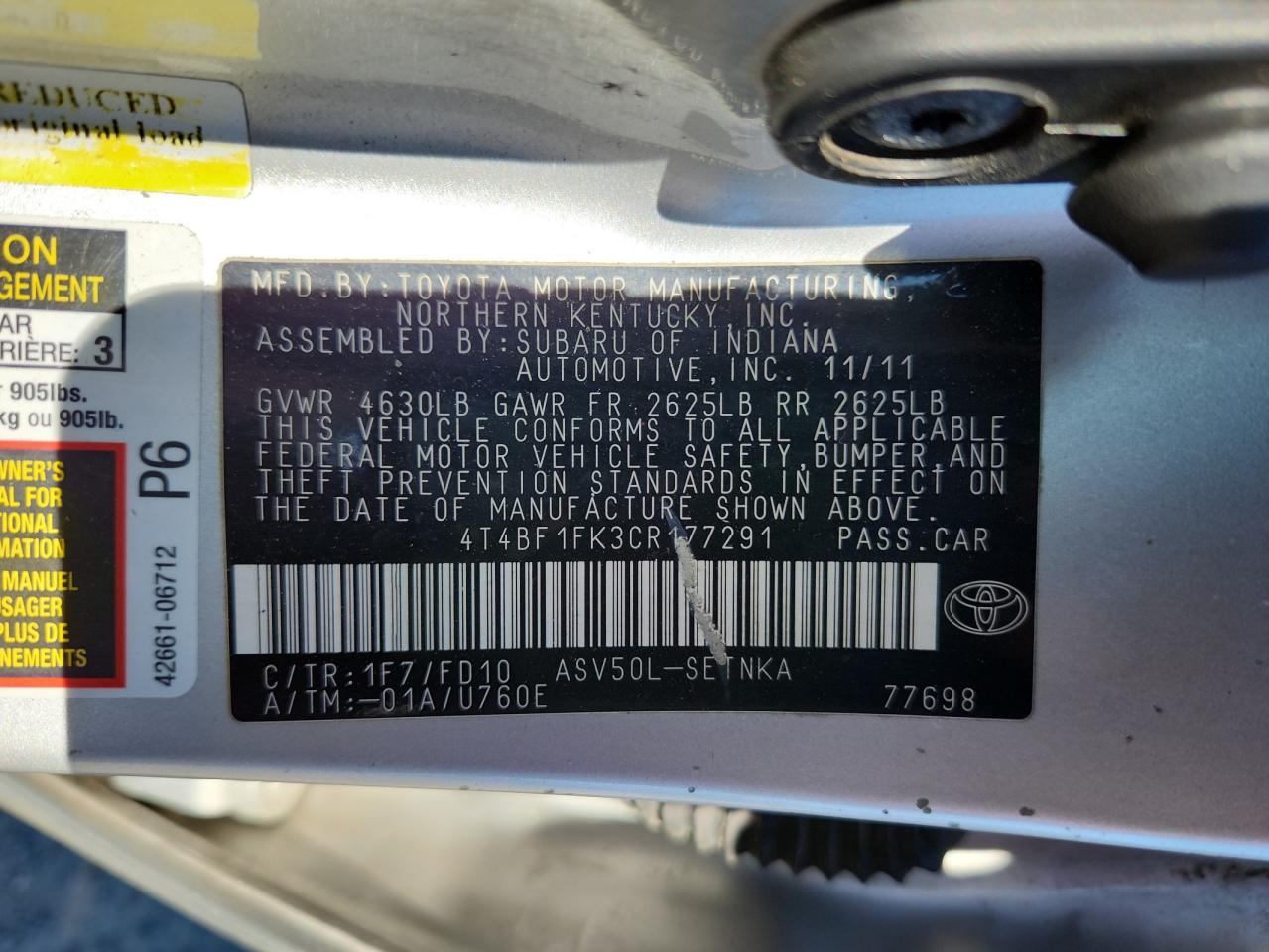 2012 Toyota Camry Base VIN: 4T4BF1FK3CR177291 Lot: 85749205