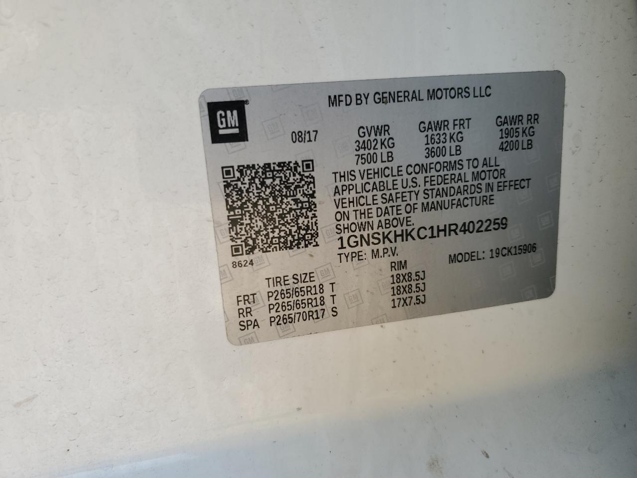 2017 Chevrolet Suburban K1500 Lt VIN: 1GNSKHKC1HR402259 Lot: 84972835