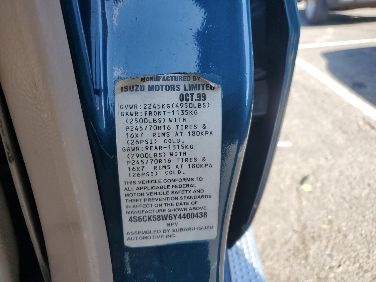 2000 Honda Passport Ex VIN: 4S6CK58W6Y4400438 Lot: 82210735