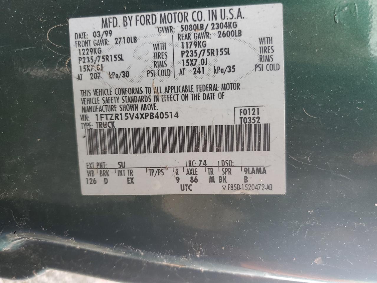 1999 Ford Ranger Super Cab VIN: 1FTZR15V4XPB40514 Lot: 85180715