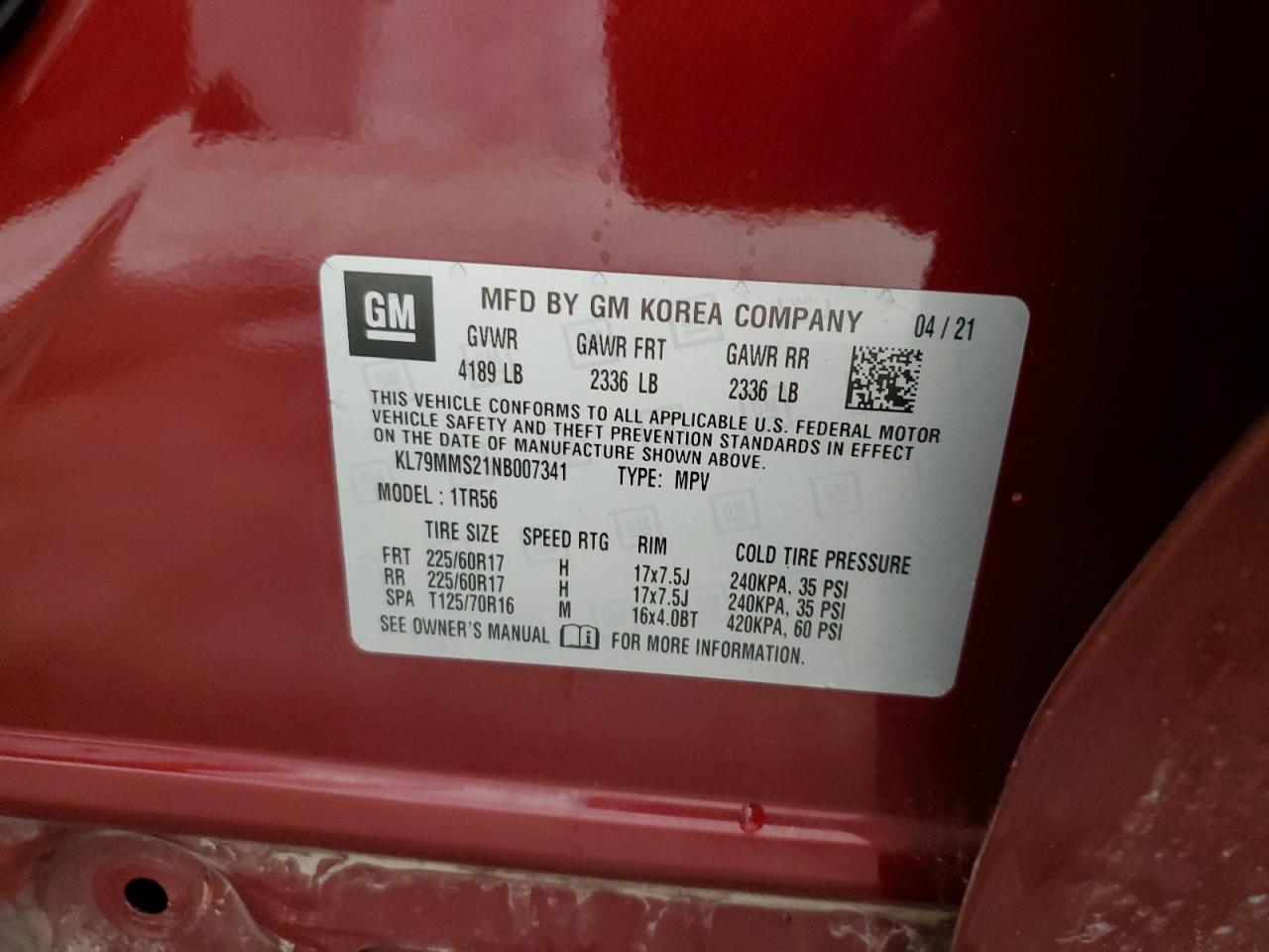 2022 Chevrolet Trailblazer Ls VIN: KL79MMS21NB007341 Lot: 84599615