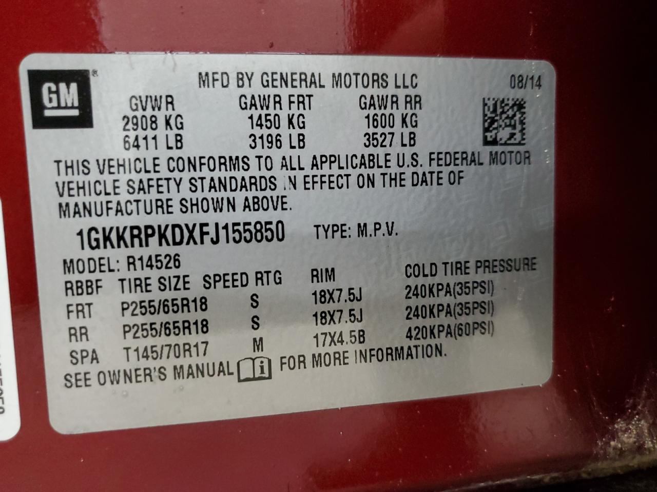 2015 GMC Acadia Sle VIN: 1GKKRPKDXFJ155850 Lot: 87387625