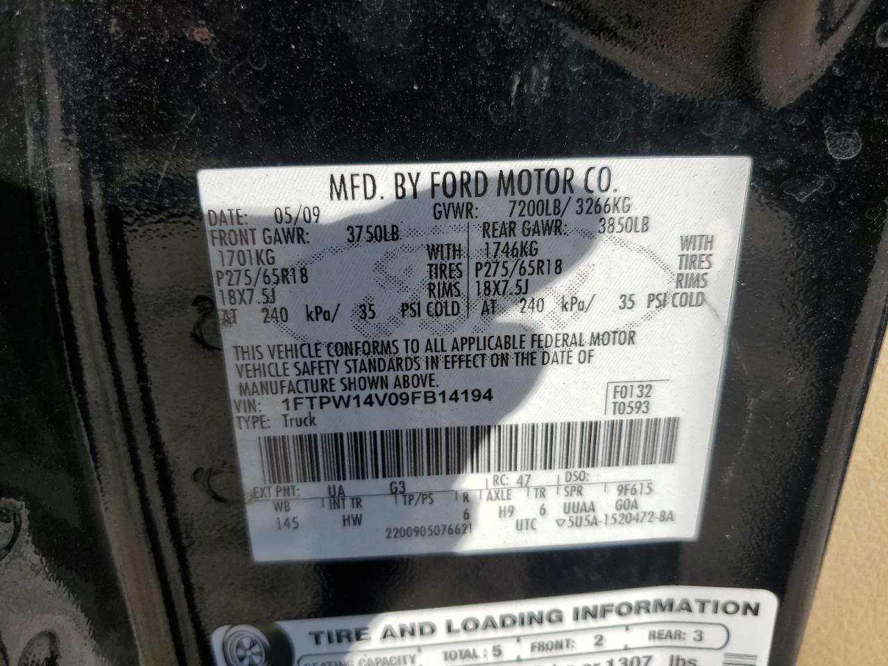 2009 Ford F150 Supercrew VIN: 1FTPW14V09FB14194 Lot: 86304035