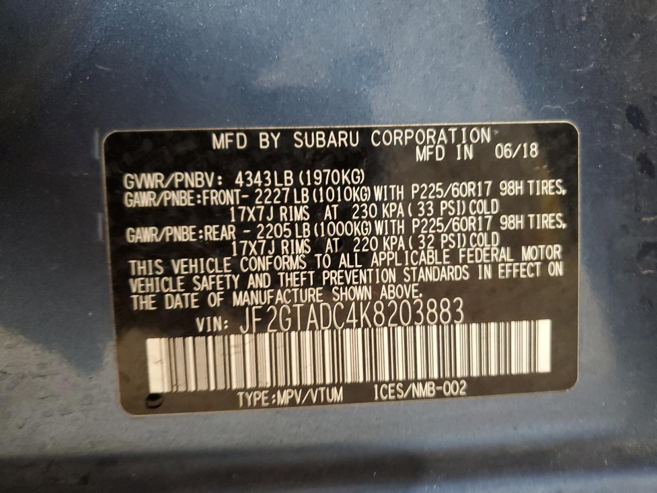 2019 Subaru Crosstrek Premium VIN: JF2GTADC4K8203883 Lot: 85553135