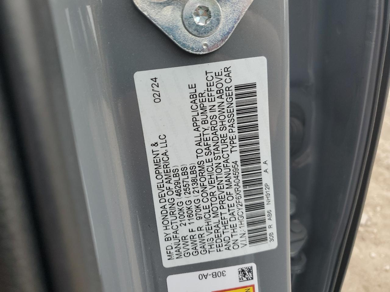 2024 Honda Accord Hybrid Exl VIN: 1HGCY2F6XRA045954 Lot: 82410875