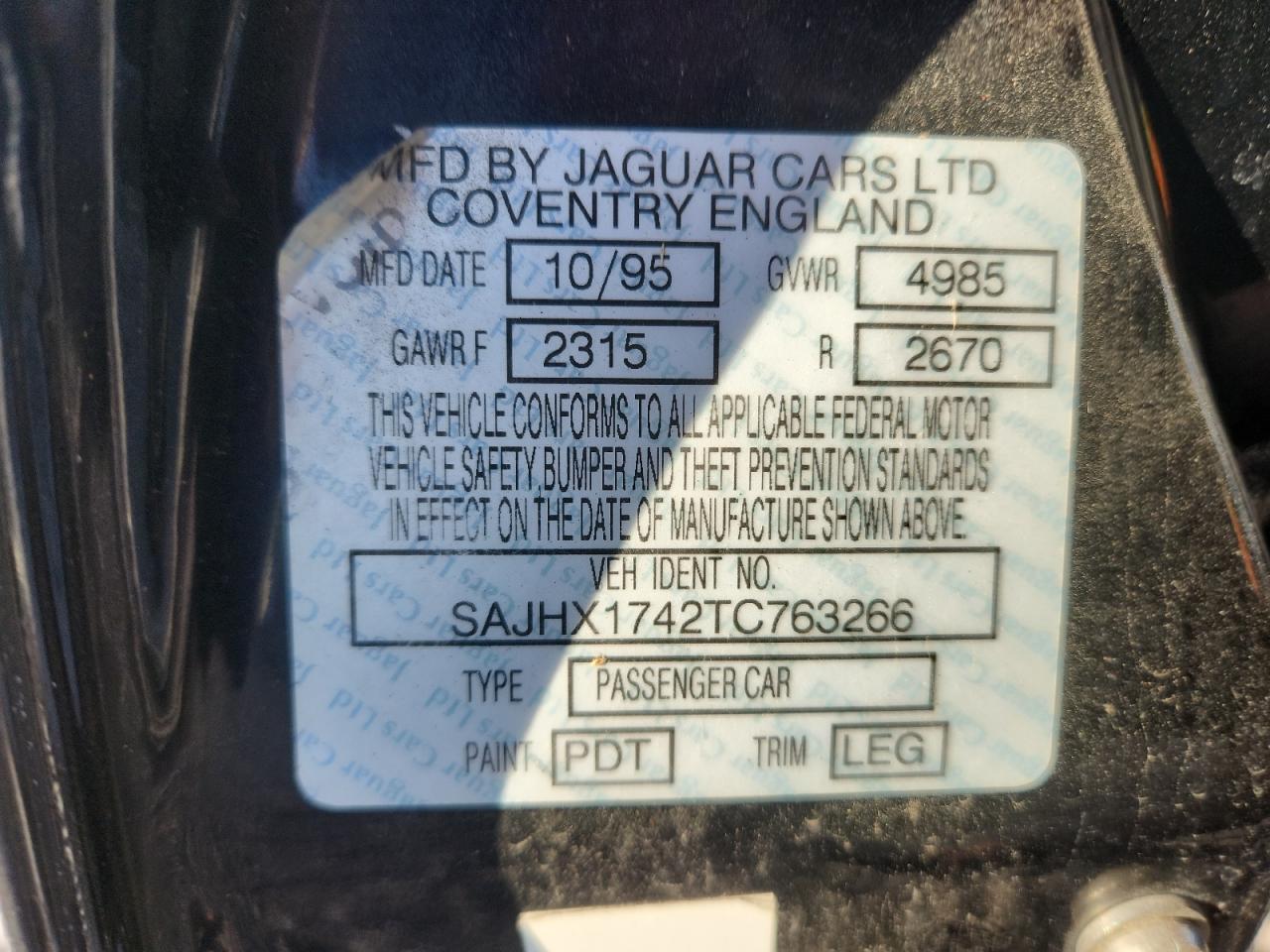 1996 Jaguar Xj6 VIN: SAJHX1742TC763266 Lot: 89523455