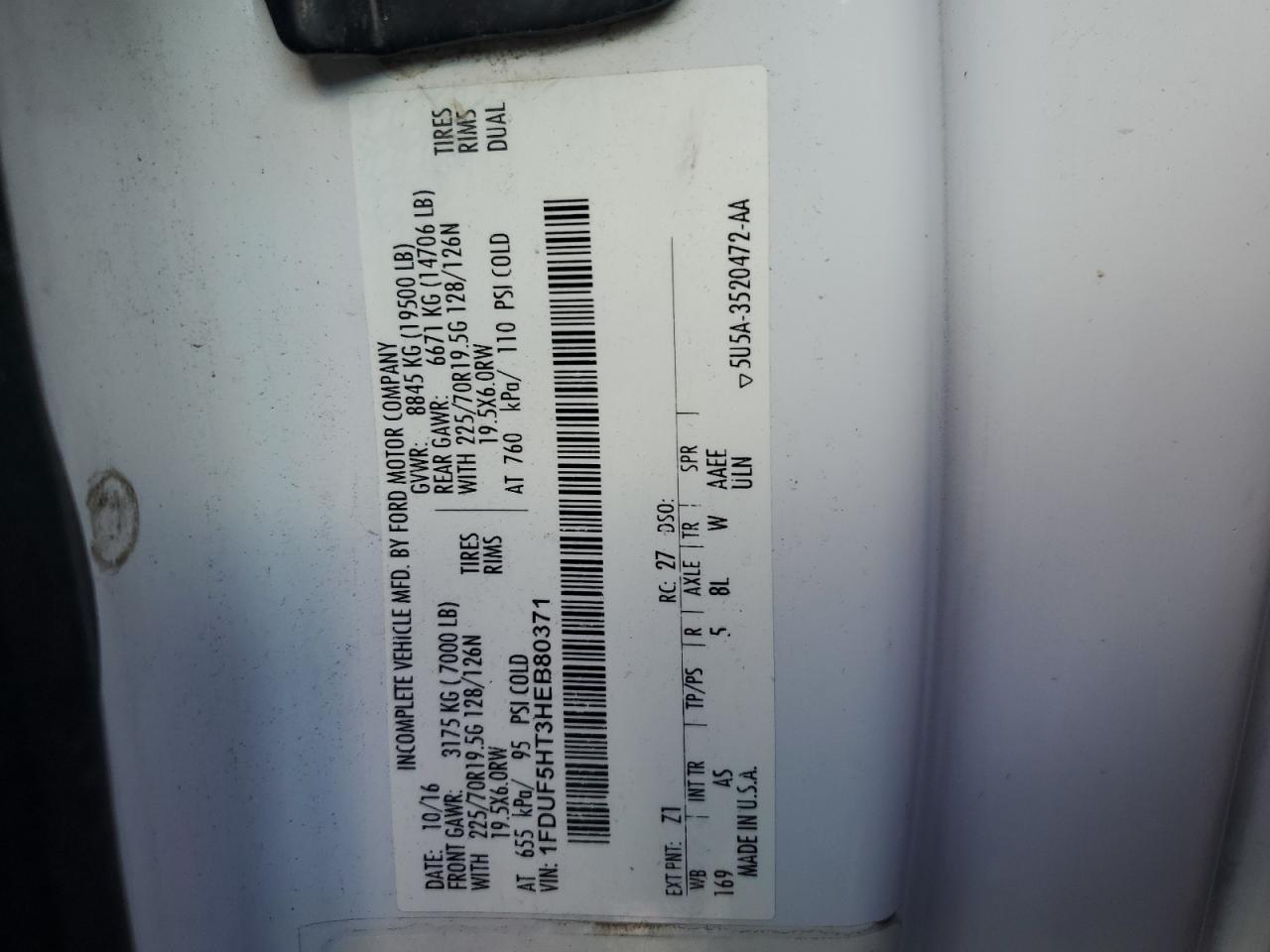 2017 Ford F550 Super Duty VIN: 1FDUF5HT3HEB80371 Lot: 84613015