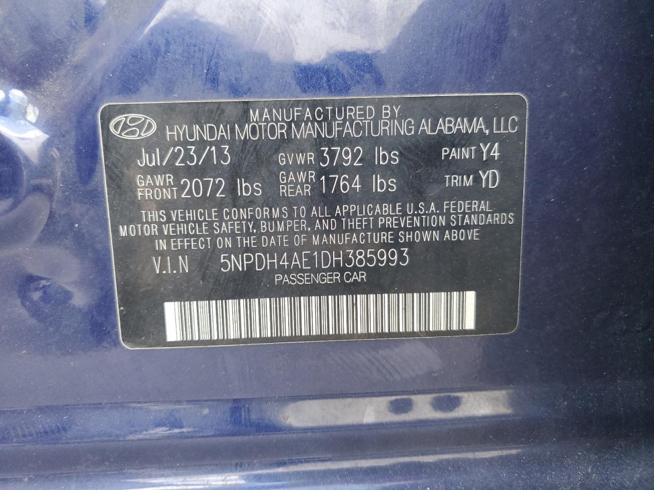 2013 Hyundai Elantra Gls VIN: 5NPDH4AE1DH385993 Lot: 82725505