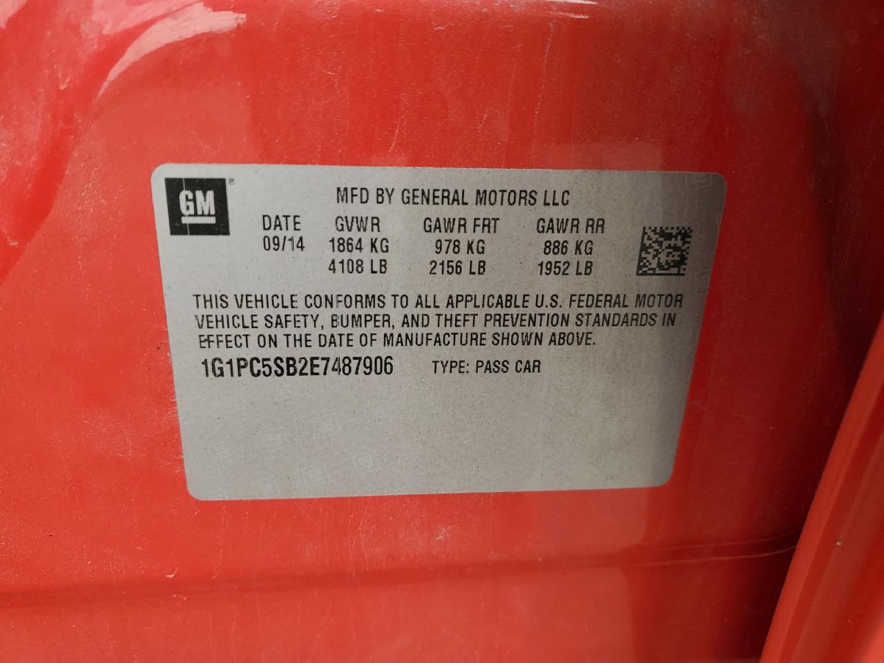 2014 Chevrolet Cruze Lt VIN: 1G1PC5SB2E7487906 Lot: 82419135