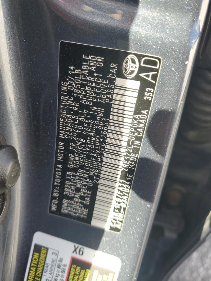 2014 Toyota Corolla L VIN: 2T1BURHE2EC126651 Lot: 85369595