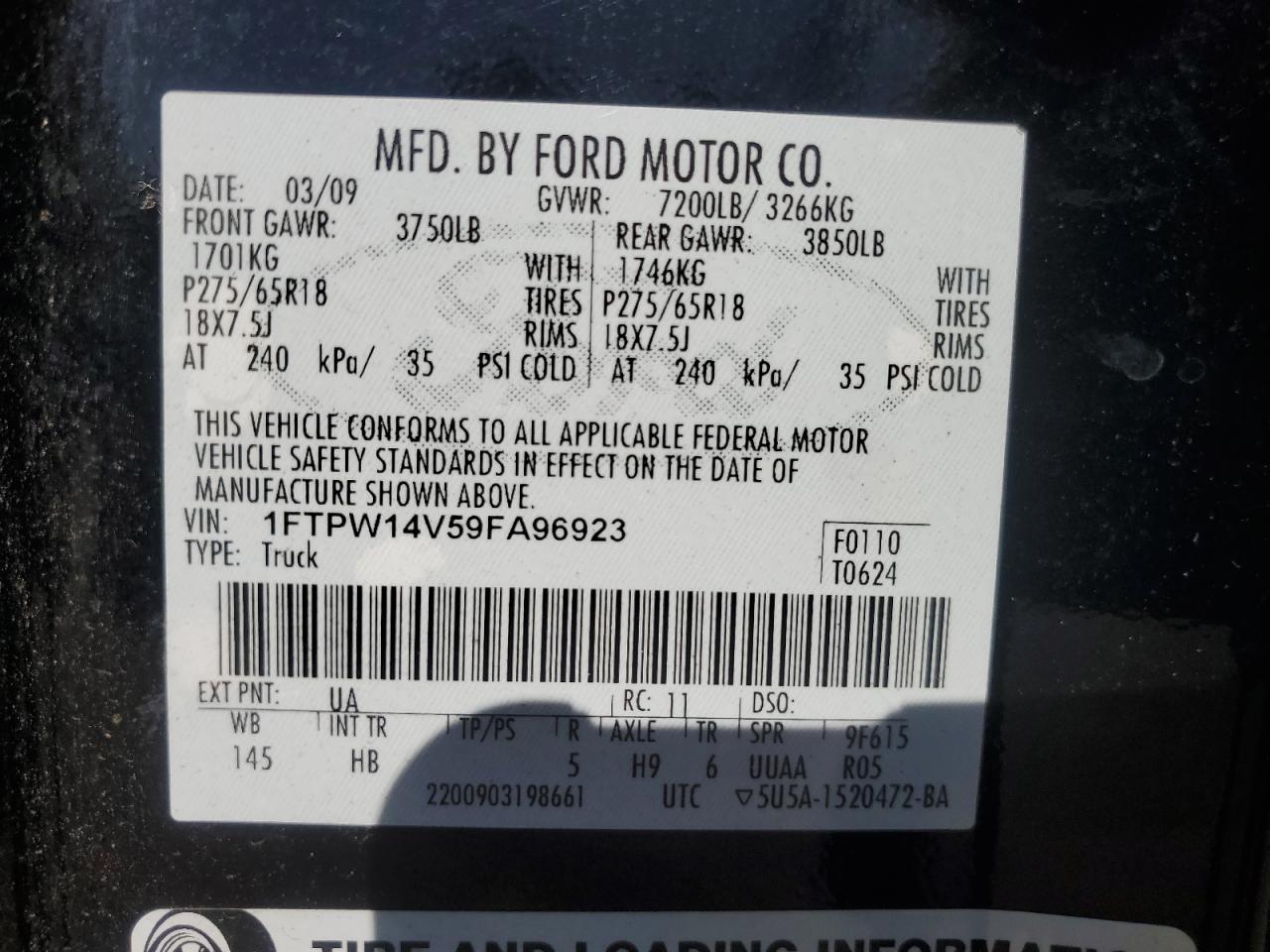 2009 Ford F150 Supercrew VIN: 1FTPW14V59FA96923 Lot: 86214445