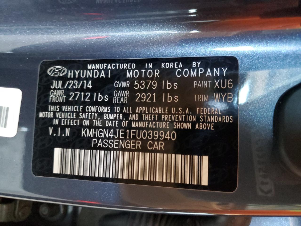 2015 Hyundai Genesis 3.8L VIN: KMHGN4JE1FU039940 Lot: 82191515