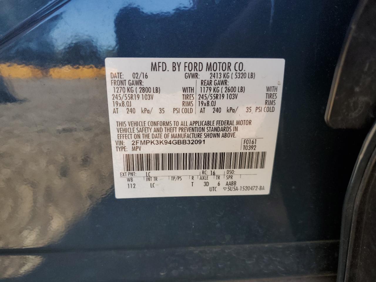 2016 Ford Edge Titanium VIN: 2FMPK3K94GBB32091 Lot: 82629065