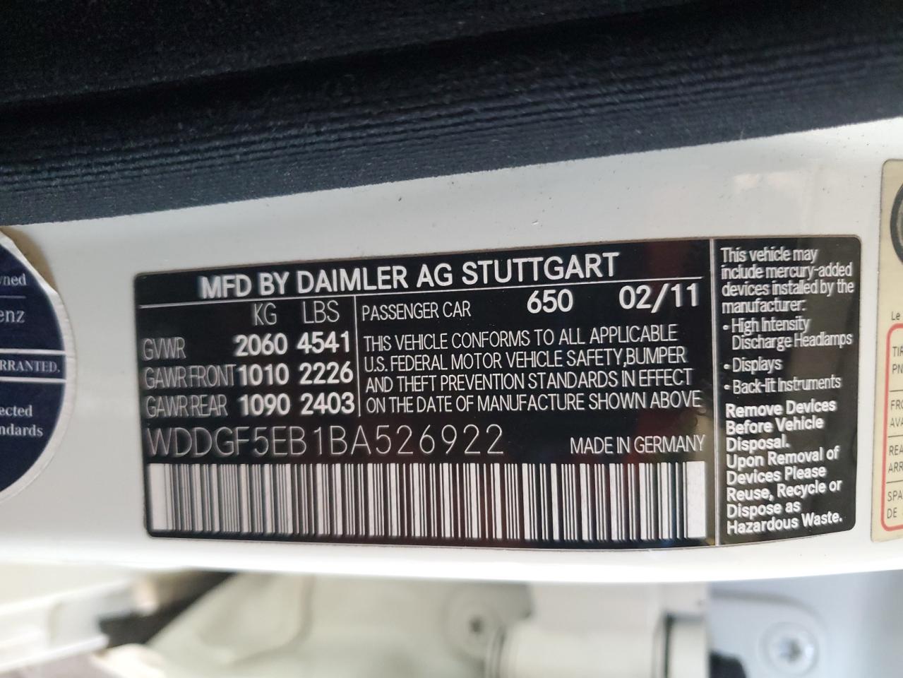 2011 Mercedes-Benz C 300 VIN: WDDGF5EB1BA526922 Lot: 87312895