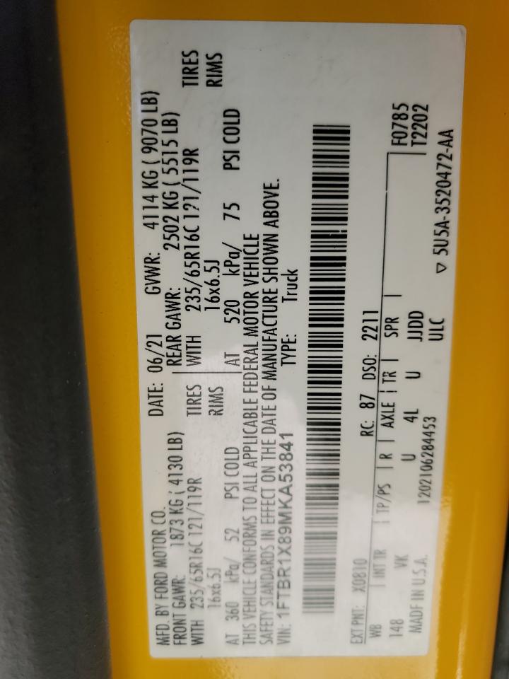 2021 Ford Transit T-250 VIN: 1FTBR1X89MKA53841 Lot: 86508615