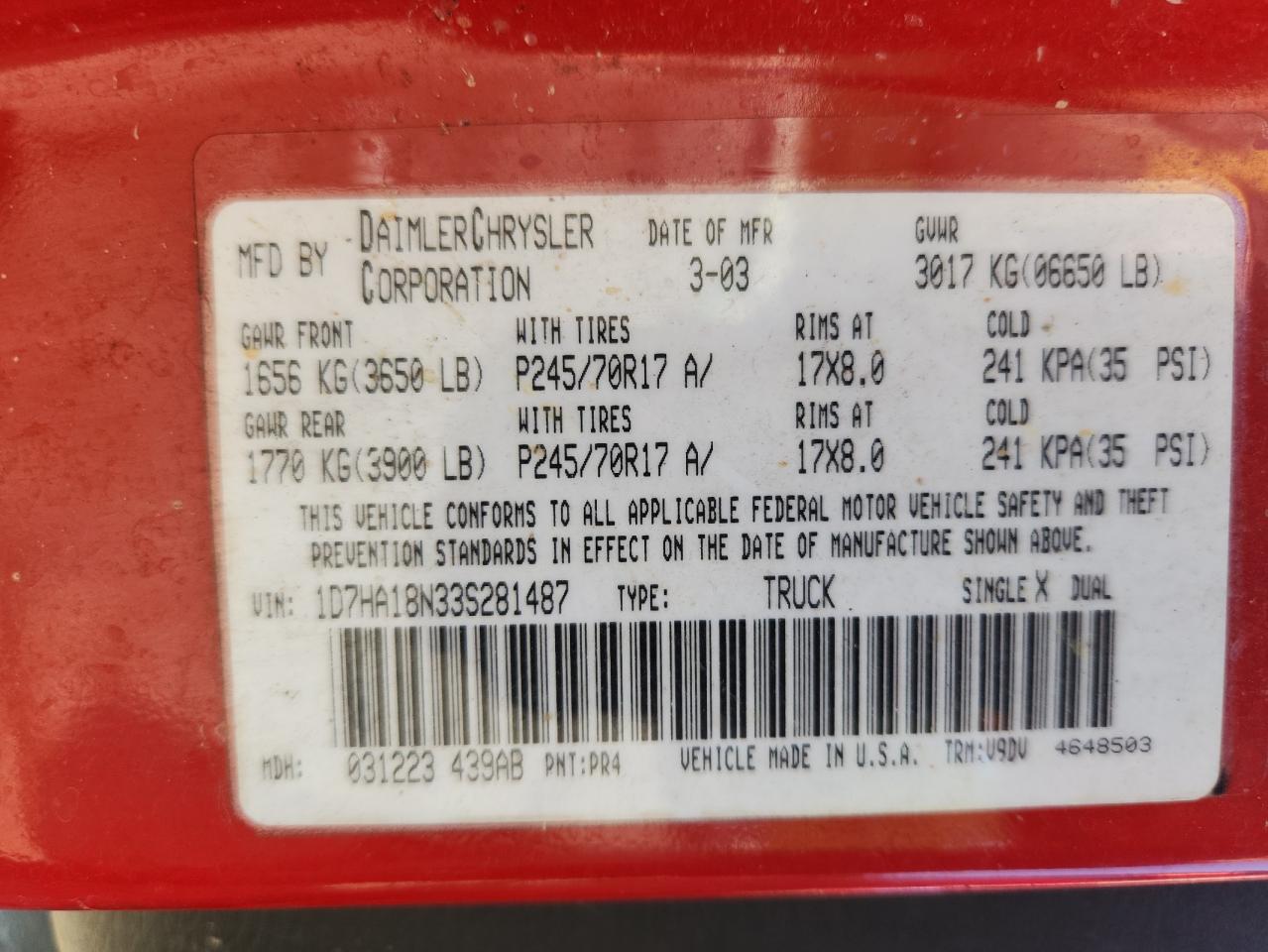 2003 Dodge Ram 1500 St VIN: 1D7HA18N33S281487 Lot: 87046575