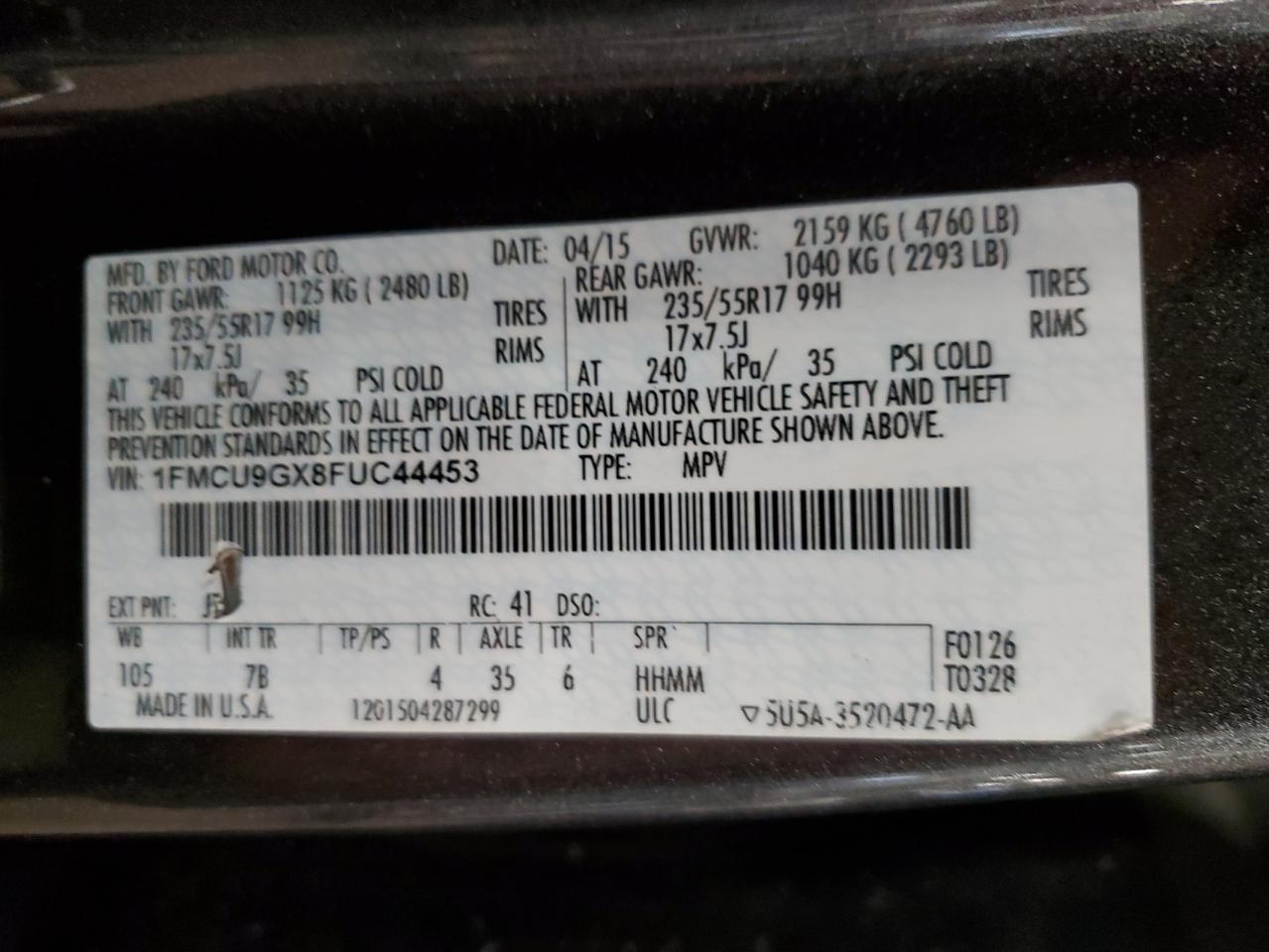 2015 Ford Escape Se VIN: 1FMCU9GX8FUC44453 Lot: 86339175