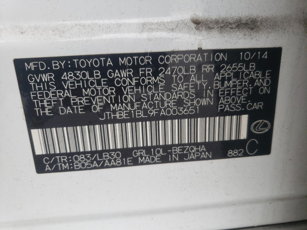 2015 Lexus Gs 350 VIN: JTHBE1BL9FA003651 Lot: 84951955