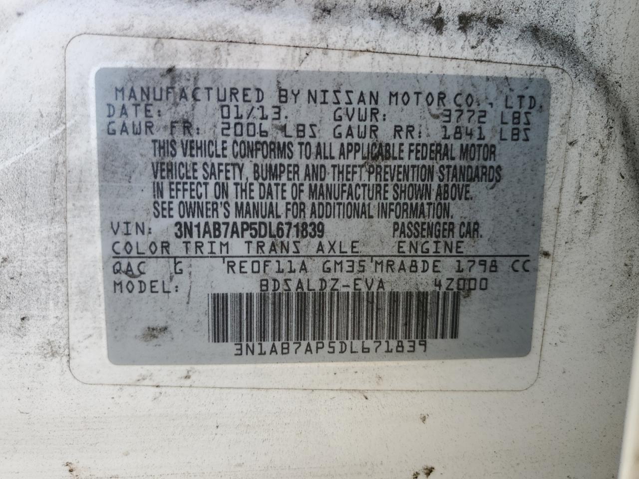 2013 Nissan Sentra S VIN: 3N1AB7AP5DL671839 Lot: 85177885